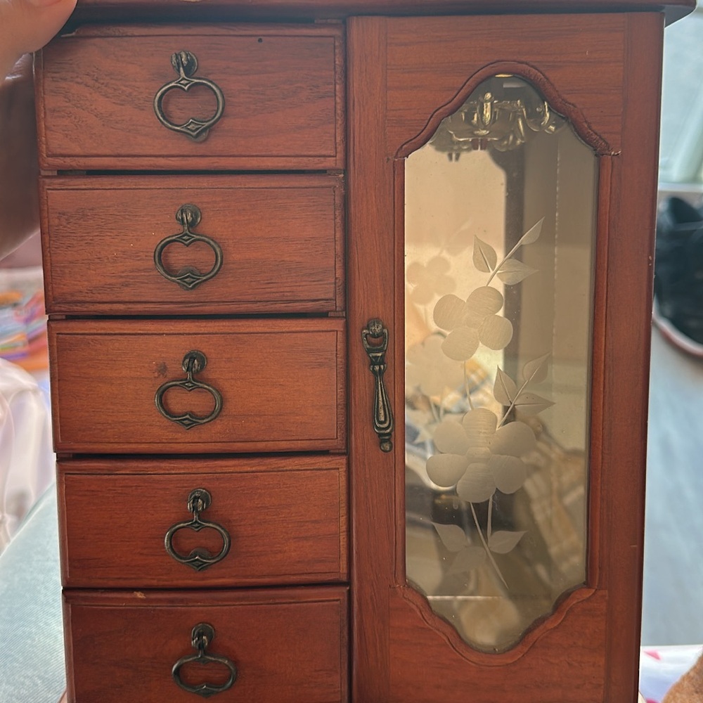 Unique Vintage Brown and Gold Floral Etched Jewelry Armoire 9x4.5x11